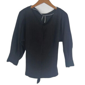 Anthropologie Black Vneck Ribbed Pleated 3/4 Sleeve Tie Back Sweater Size Medium